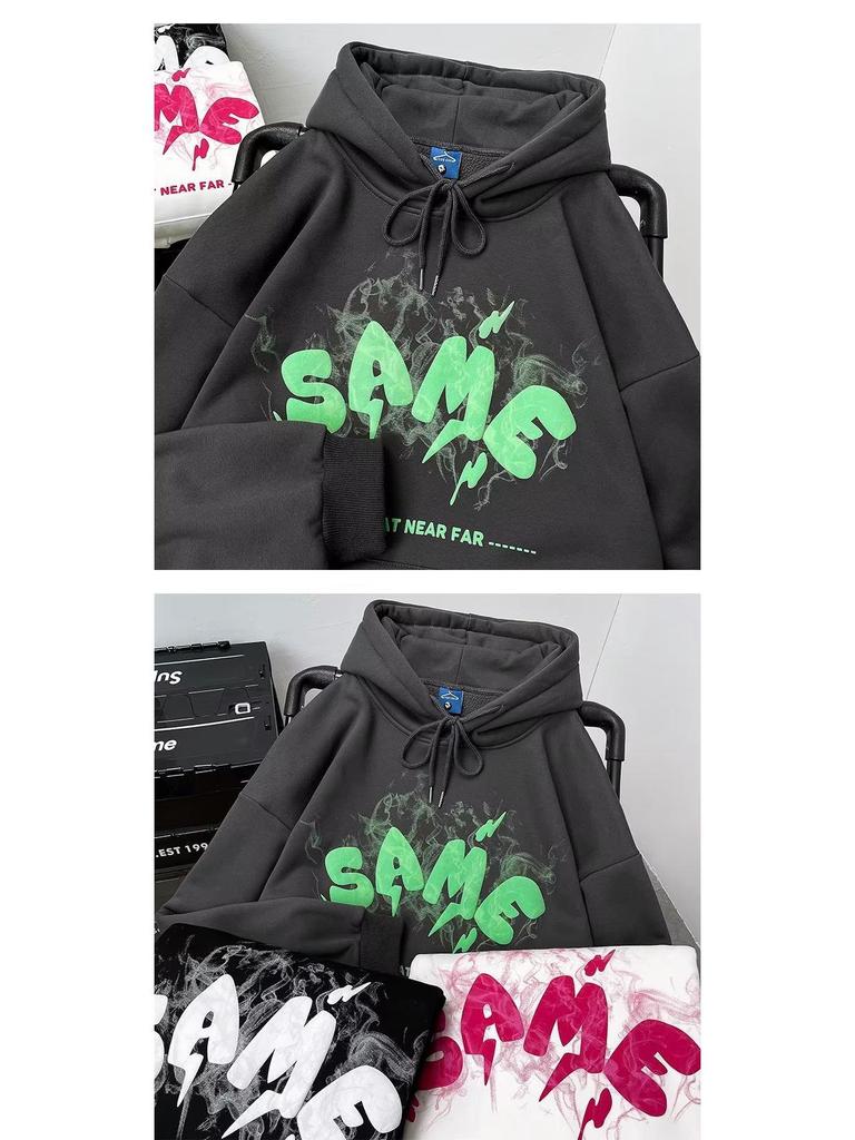 Unisex Graffiti Hooded Sweatshirt with Puff Print - Niche Cute Style, Thin Plus Velvet, Perfect for Autumn and Winter Couples.