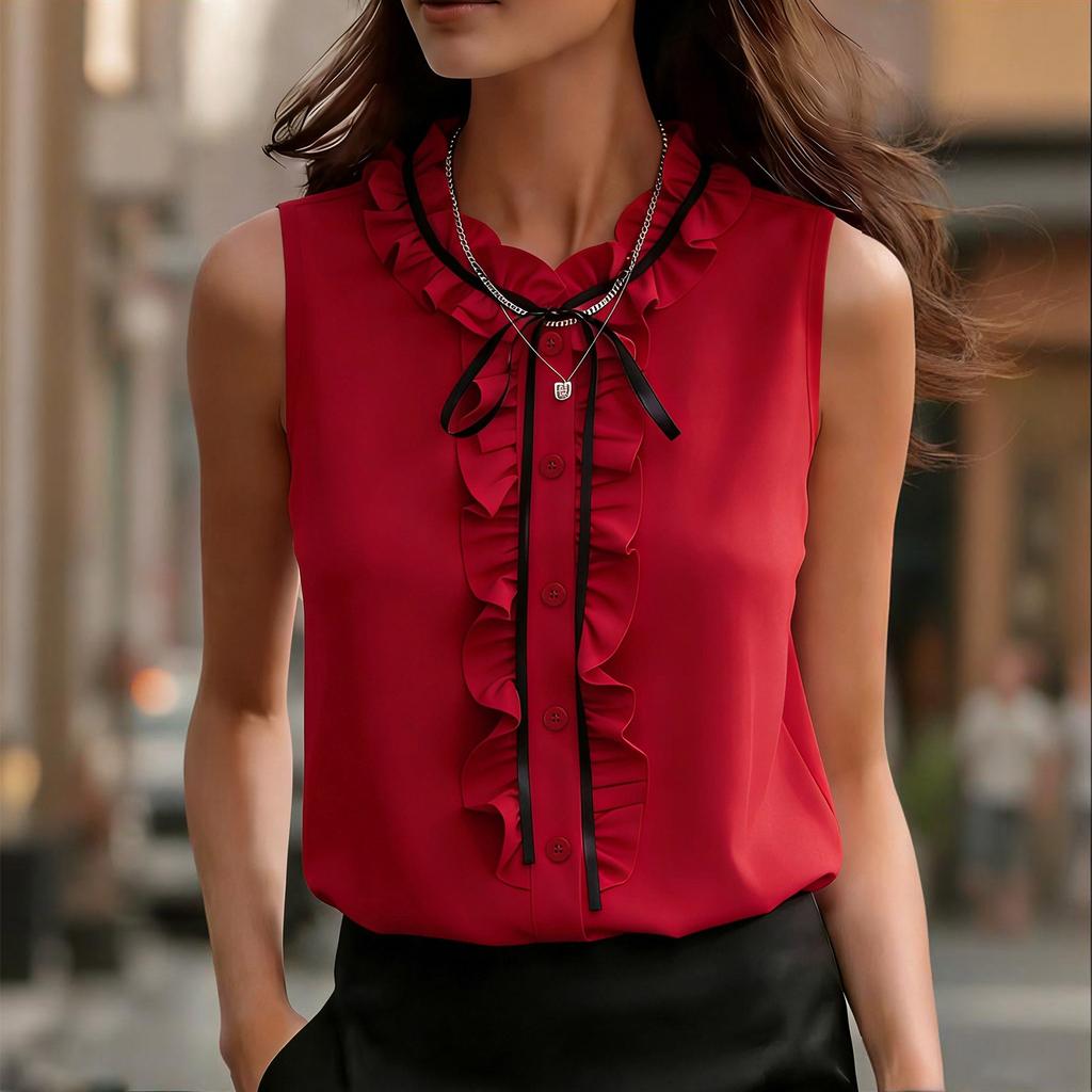 Women Sleeveless Ruffle Trim Collared Blouse Button Down Tie Neck Top Lightweight Shirt for Office or Casual Wear