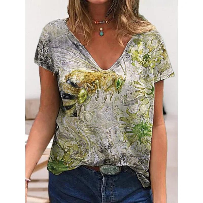 Sommer Damen Kurzarm T-Shirt Schmetterling V-Ausschnitt 3D Druck Freizeit Oberteil Mehrere Stile und Größen zur Auswahl