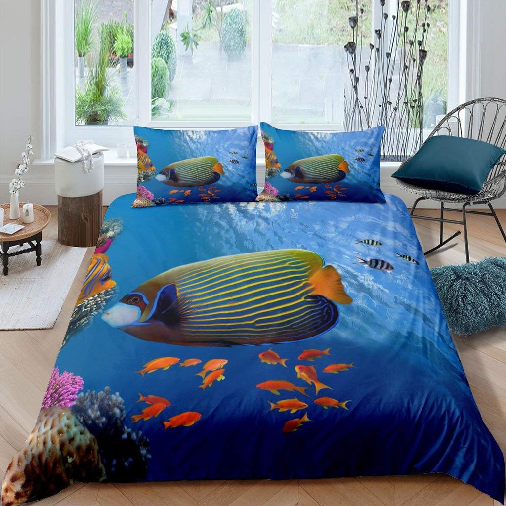 Cartoon Clownfish King Queen Duvet Cover Tropical Marine Life Quilt Cover Underwater World Bedding Set Polyester Comforter Cover