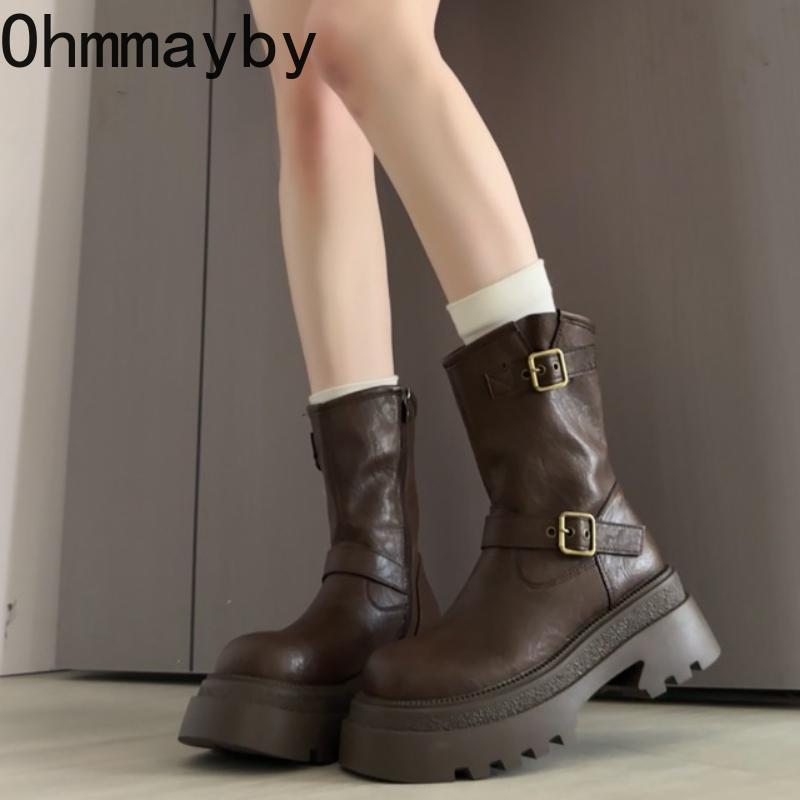 Autumn Winter Women Thick Heel Ankle Boots Fashion Belt Buckle Shoes Punk Style Ladies Height Increase Mordern Short Booties