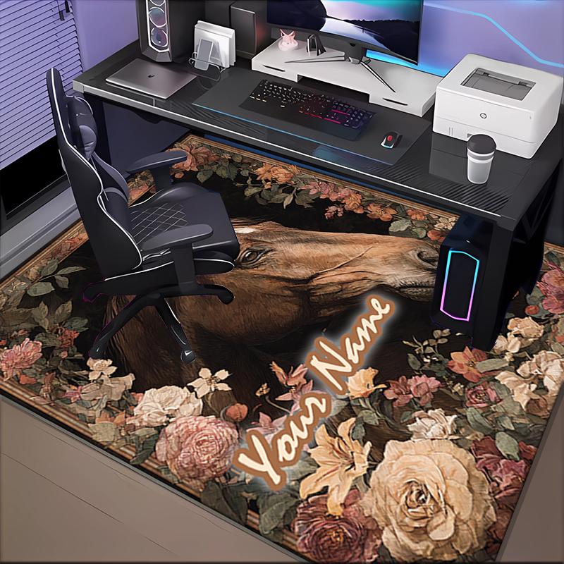 1PC Custom Name Horse Portrait Flowers Theme Floor Mat Ideal for Living Room, Game Rooms, Office, Bedroom Floor Mat Playful Design