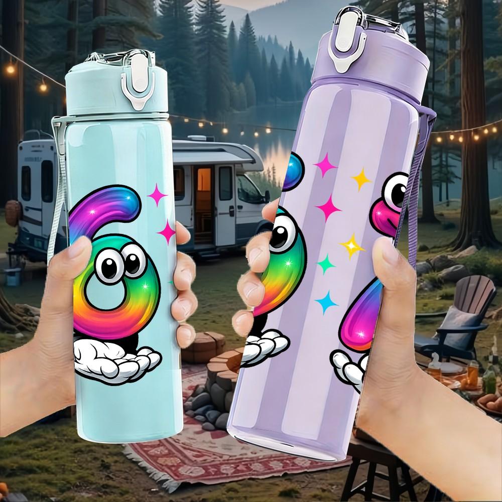 1PC Rainbow Number Six Seven Letter 750ml Color Plastic Sports Water Bottle Leakproof Flip Straw Lid Suitable for Sports Office Home Use
