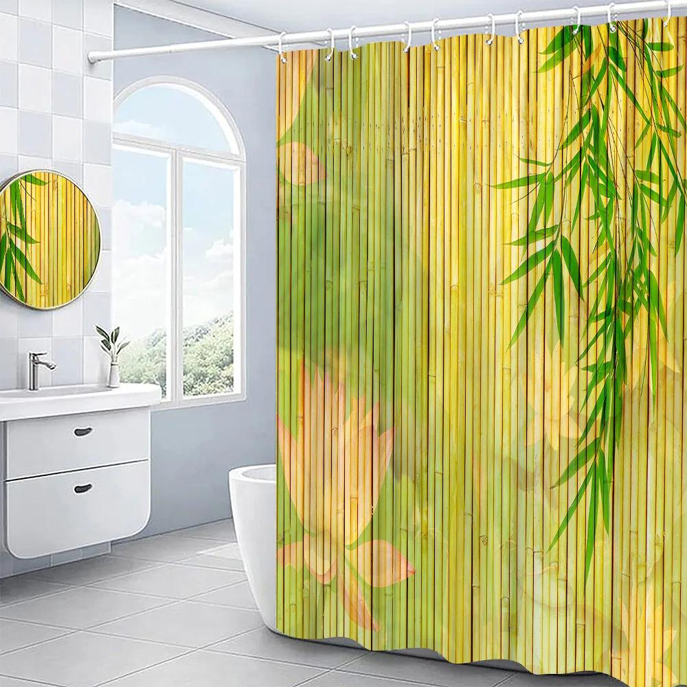 3D Bambu Duschdraperi Set Träådring Mönster Blommor Lotus Målning Badrumsdekor Polyestertyg Badskärmar Cortina Ba