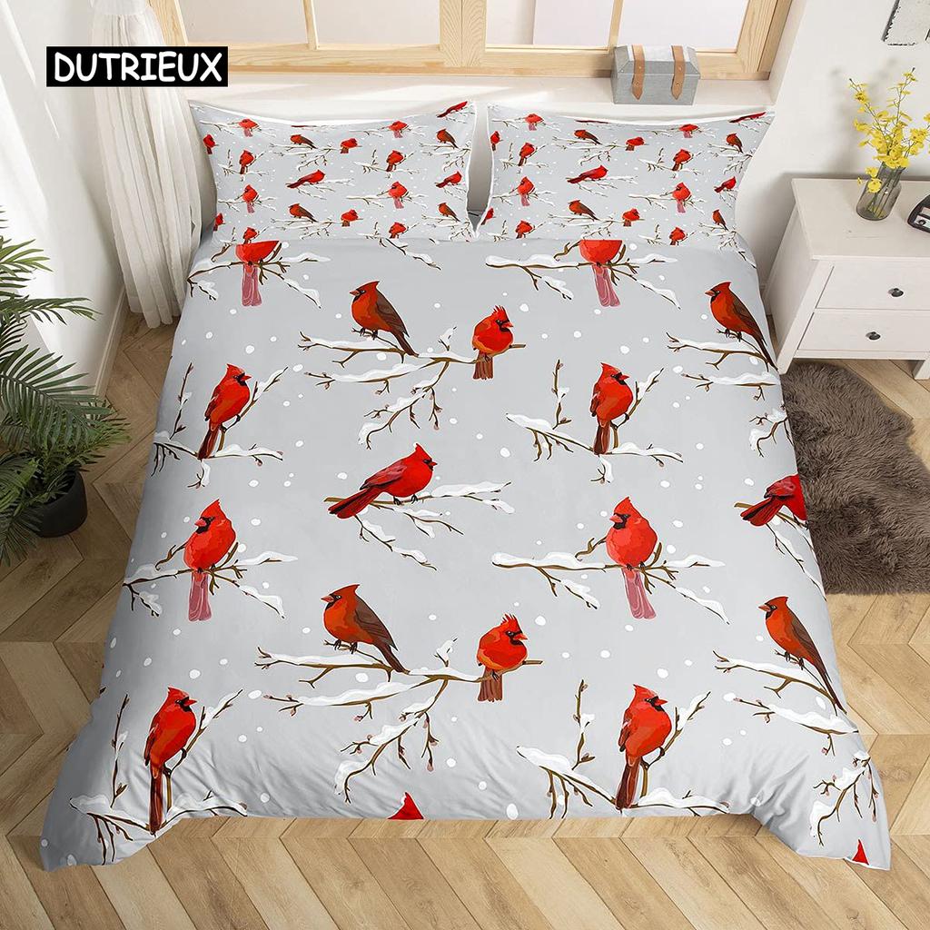 Kardinal Bettbezug Set Roter Vogel Bettwäsche Set für Kind Jugendliche Kiefer Baum Bettdeckenbezug Tier Schnee King Size Weicher Steppdeckenbezug