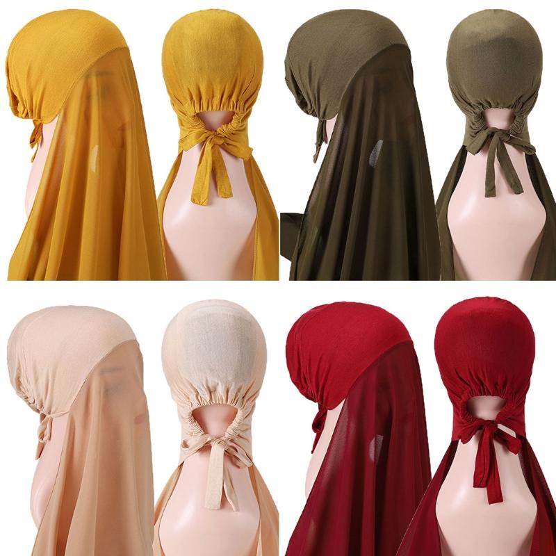Touca Muçulmana com Cordão Xale de Chiffon Conveniente Faixa Elástica Boné Sublenço Islâmico Interno Cobertura para a Cabeça