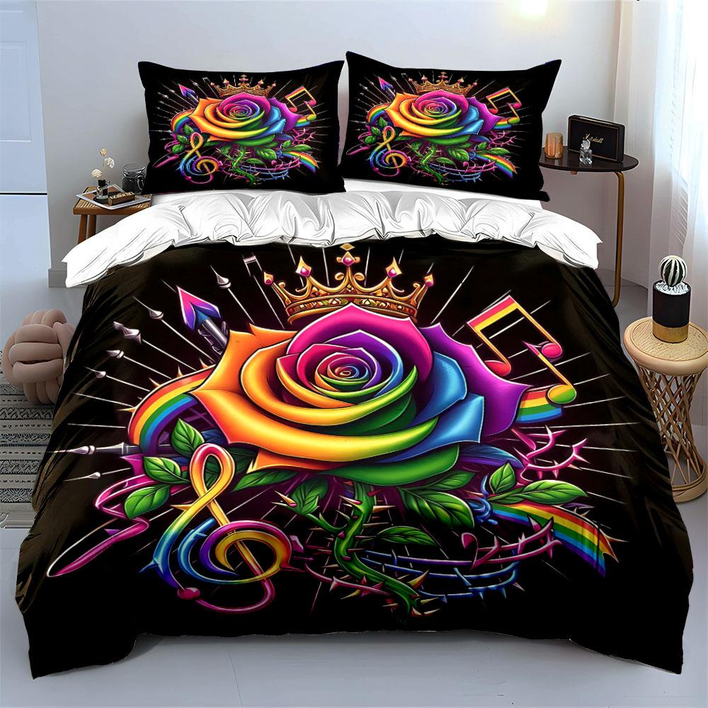 Colorful Rose Musical Decoration Set Soft Skin-Friendly Bedding Set Includes 1 Duvet Cover And 2 Pillowcase Gift