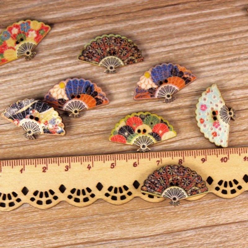 10Pcs Painted Fan Wooden Pendant DIY Crafts Supplies Hanging Ornaments Retro Wood Slices Home Decor.