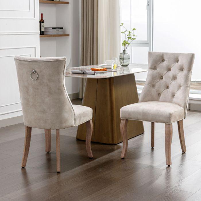 Chaise de salle à manger - MUVOE - Velours beige clair - Lot de 2 - Structure en bois massif - 4 places