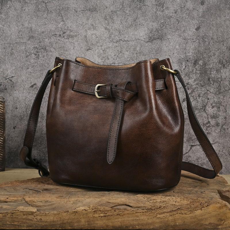 Johnature Retro Bucket Bag Handmade Genuine Leather Large Capacity Versatile Women's Shoulder Bag