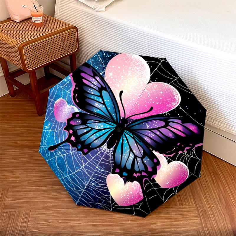 

1 PC Automatic Folding Umbrella - Butterfly Hearts Pattern, Portable & Foldable Design with 8 Ribs, Christmas Birthday Gifts