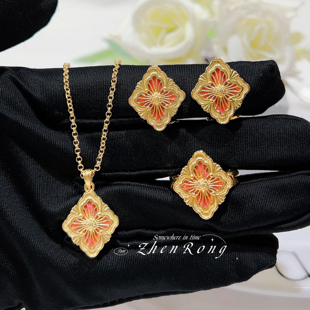 Italian Brushed Craftsmanship Retro Court Wind Tianhe Stone Set Four-Leaf Clover Bracelet Powder Agate Necklace Ring Ear