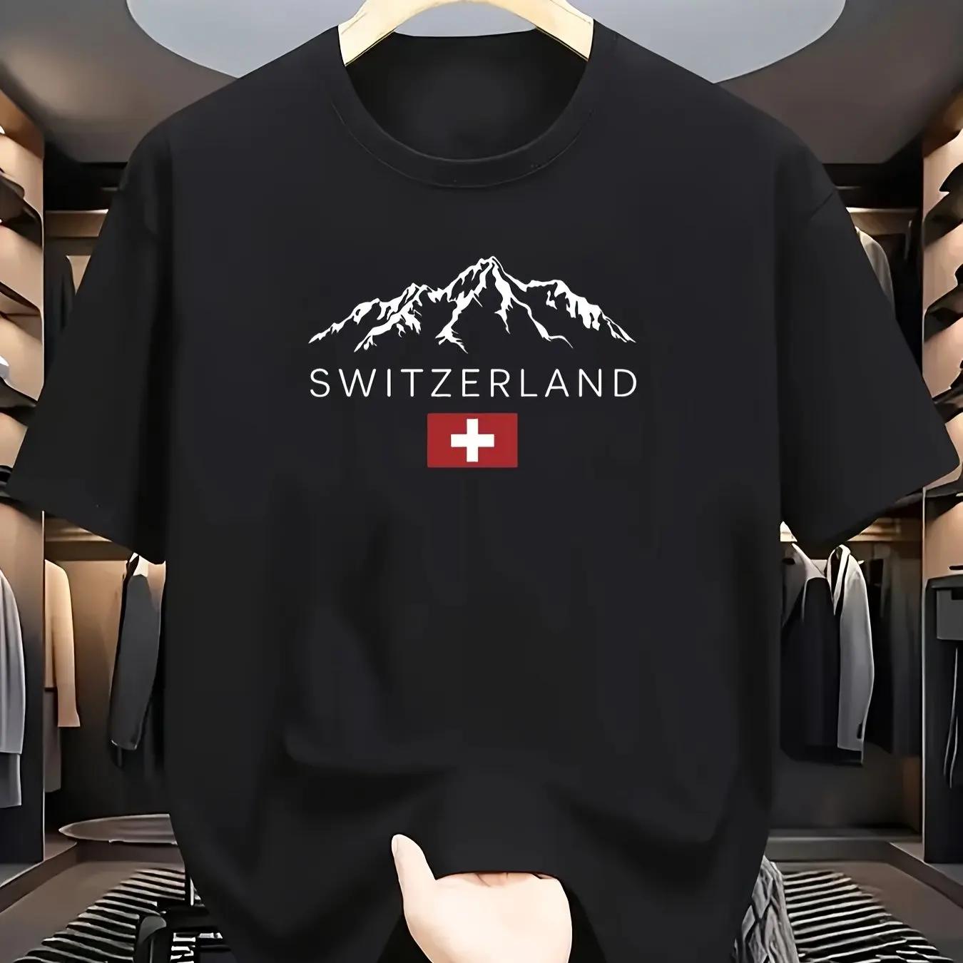 

Мужская летняя модная повседневная футболка с коротким рукавом и круглым вырезом, свободного кроя, из 100% хлопка, с принтом швейцарских гор S