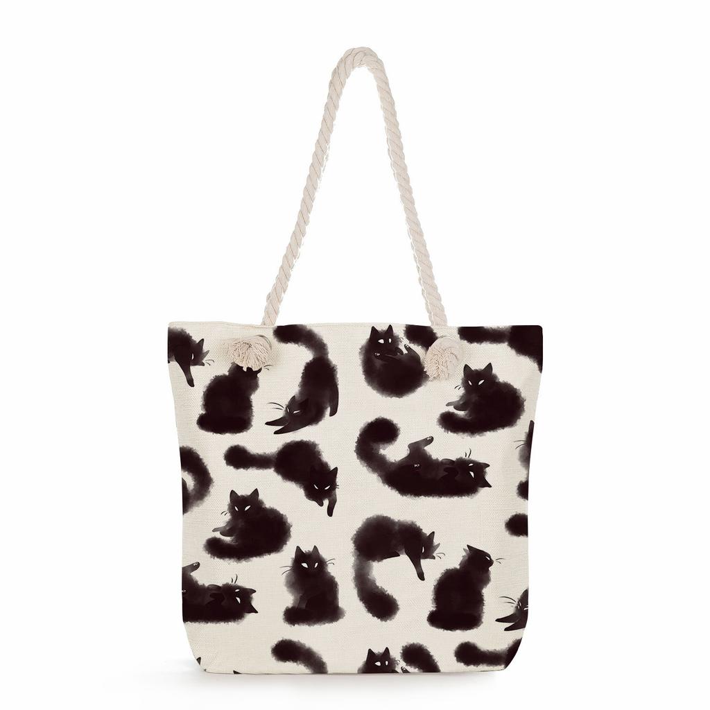 Cartoon cat print thick rope single-shoulder beach bag 7252