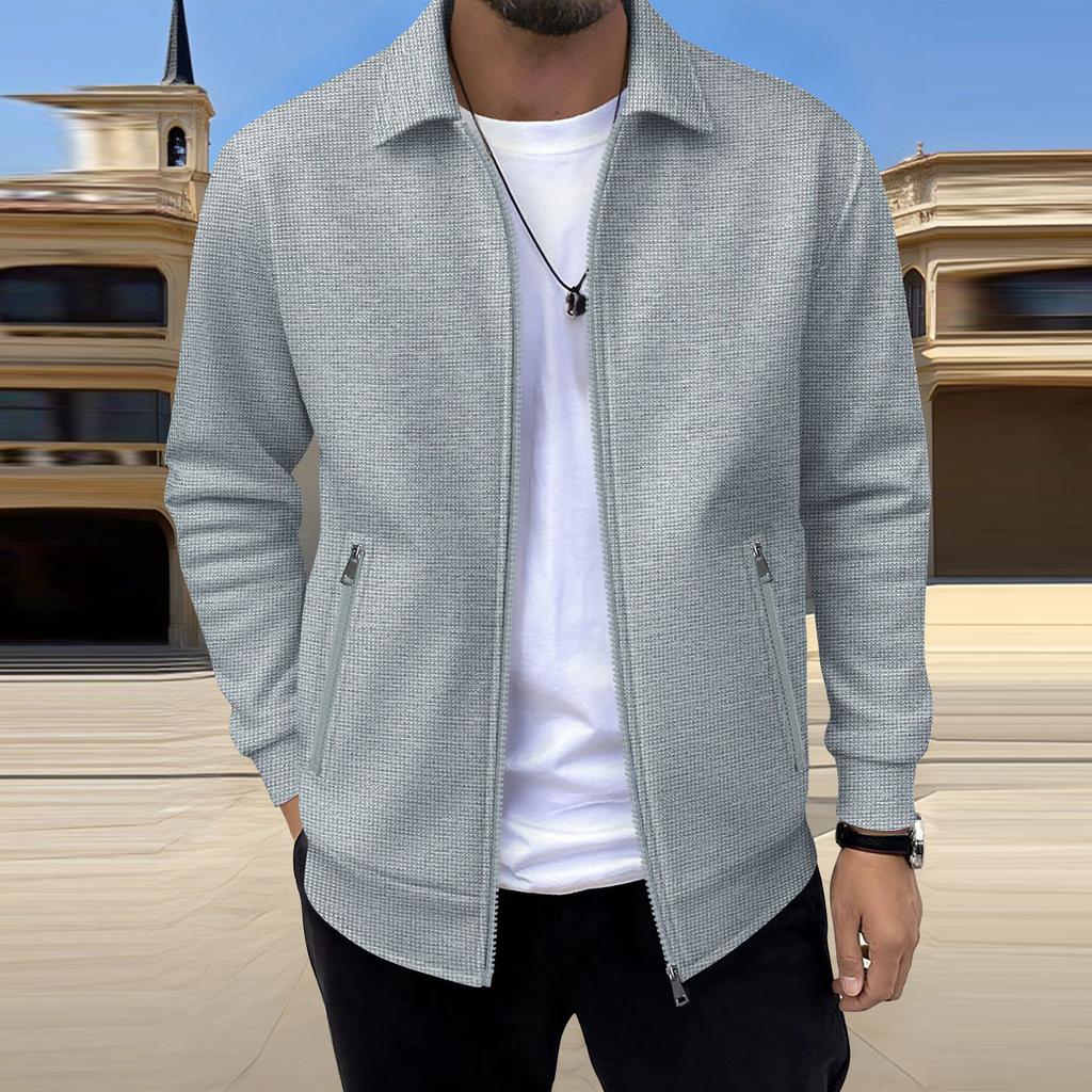 Men's Casual Oversized Solid-Color Pocket Zipper Long-Sleeve Jacket