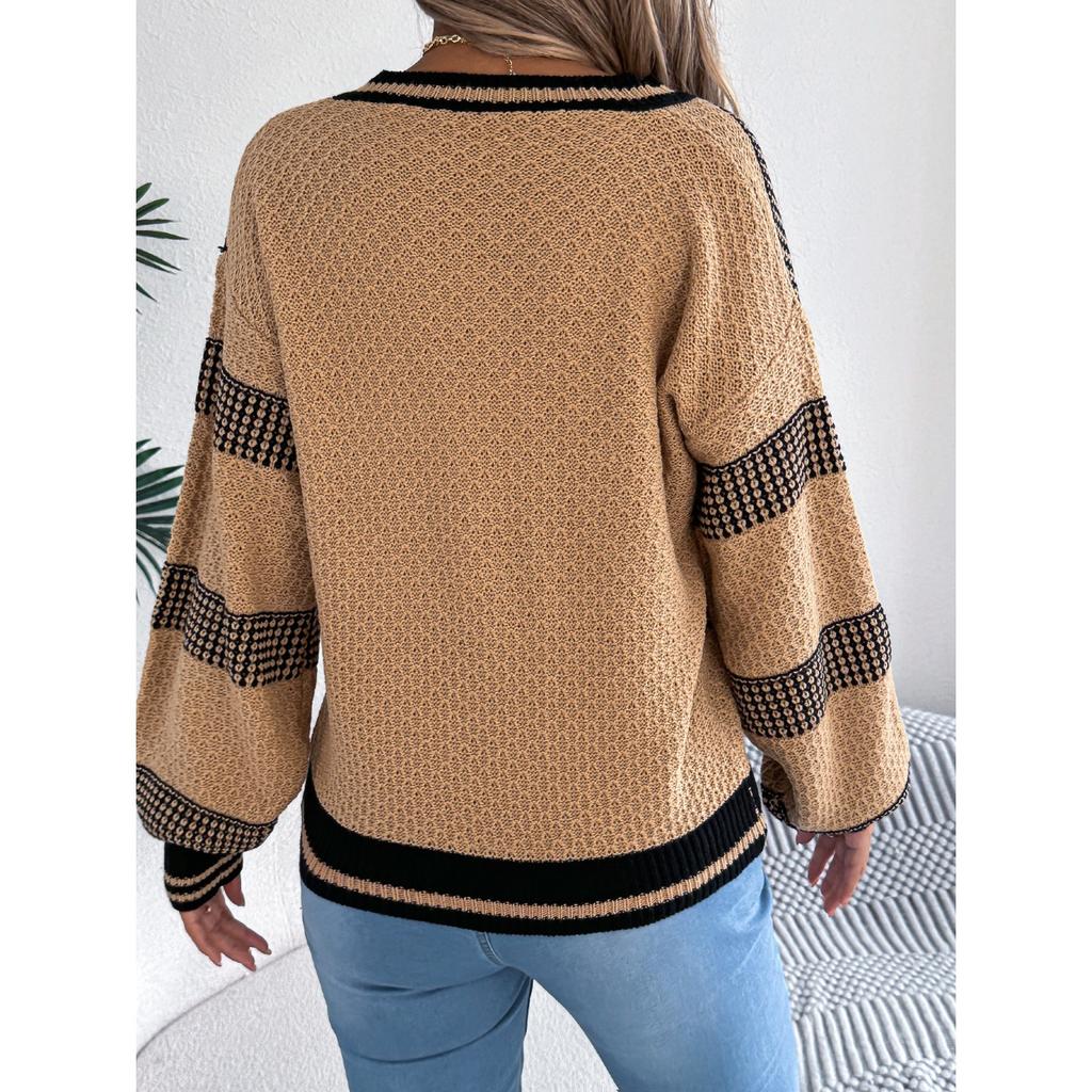 QICED Autumn Winter V-neck Contrasting Color Striped Lantern Long-sleeved Pullover Sweater Women's Wear