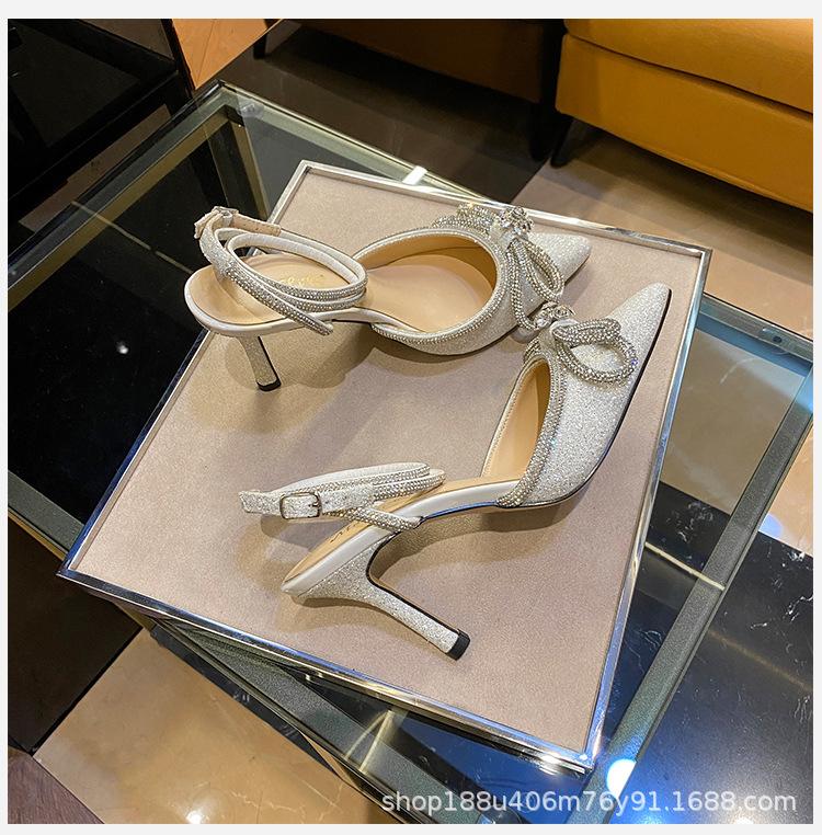 [Spot] High-heeled Women's 2025 New Pointed Rhinestone Bow Design Sense Niche Thin-heeled Sandals Women