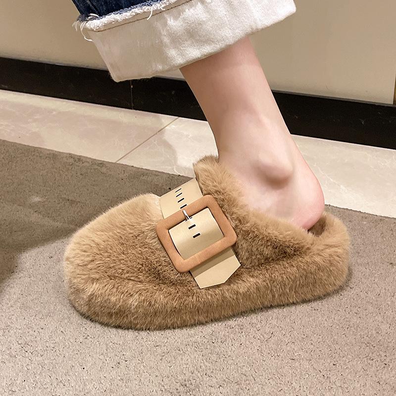 Fashion High-end Fluffy Slippers Women's 2025 Autumn and Winter New Outer Wear Thick-soled Muffin Half-slippers Head-wrapped Cotton Slippers