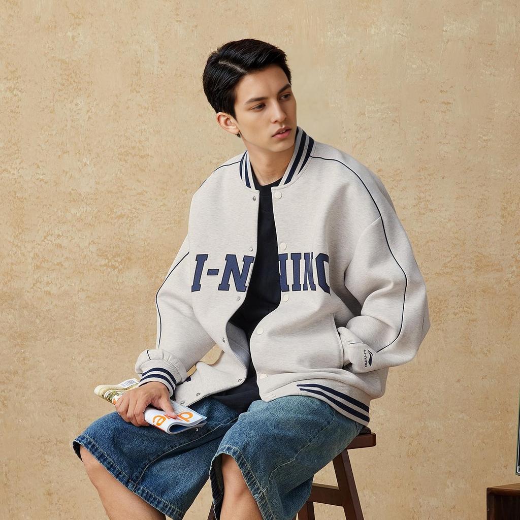 Li Ning Sports Lifestyle Series American Trend Retro Baseball Cardigan Button-Up Comfortable Casual Sweatshirt Unisex Sweatshirt AWDUF67-3