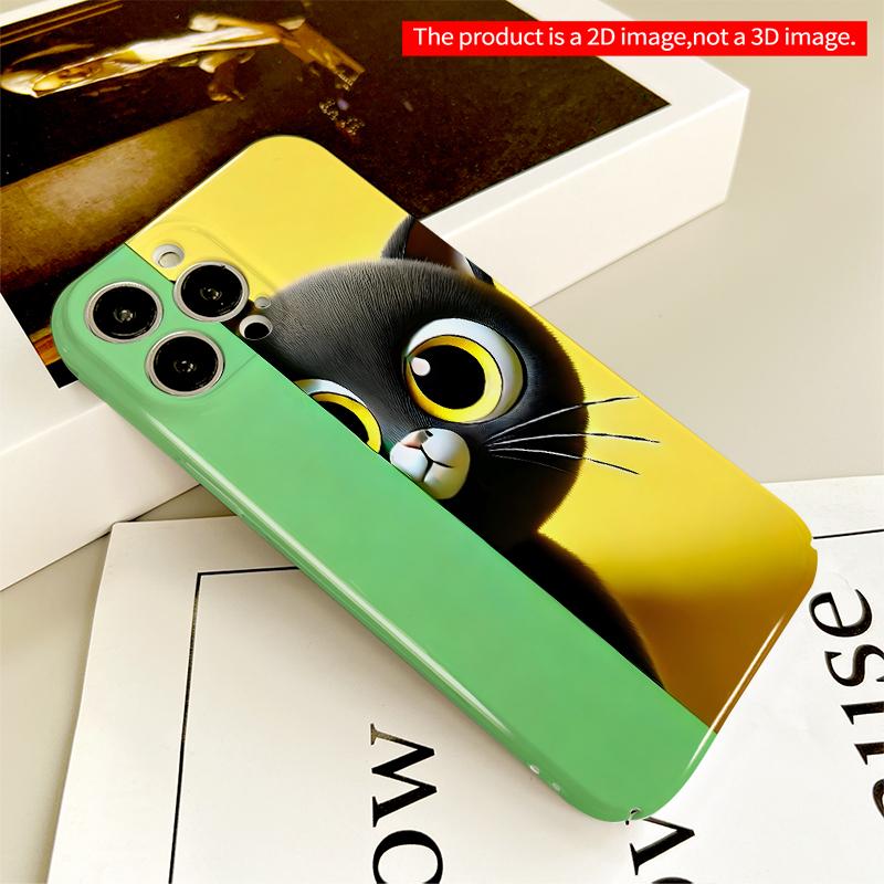 2DFlat Curious Black Cat Peeking Behind Green Wall All inclusive film hard iPhone case, compatible with iPhone 18 Pro Max 17 16 15 14 13 12 11