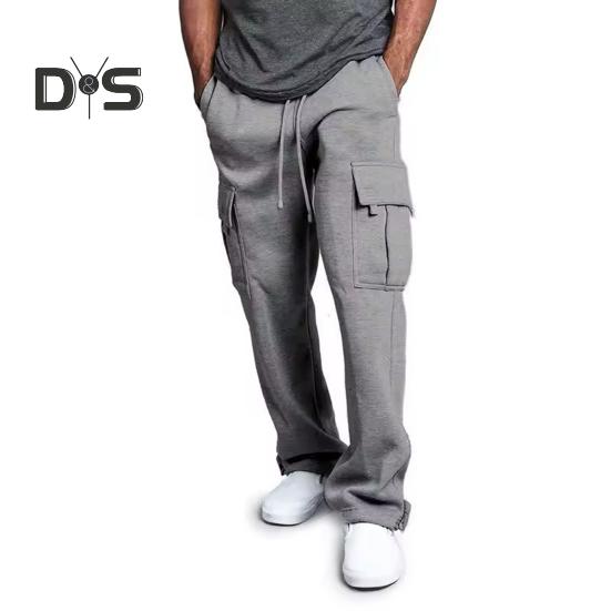 Men Spring Fall Pants with Multi Pockets Drawstring Elastic Waist Wide Leg Plus Size Sweatpants Stretchy Slacks Solid Color Loose Street Style Sport
