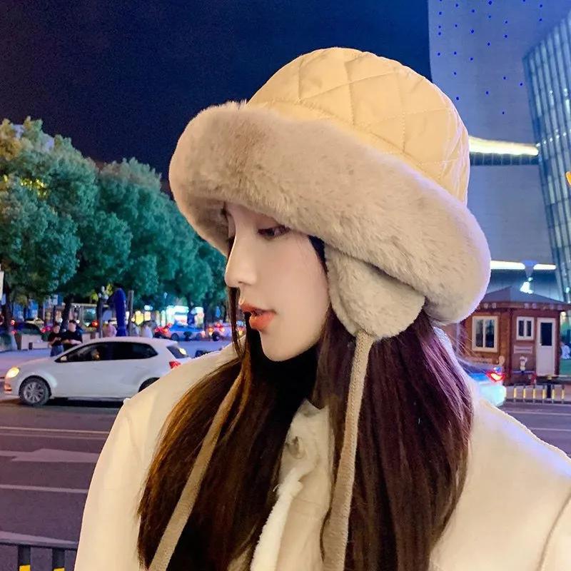 WTEMPO Autumn Winter Down Cotton Hats Women Solid Color Warm Ear Protection Hats with Ropes Casual Versatile Outdoor Hats
