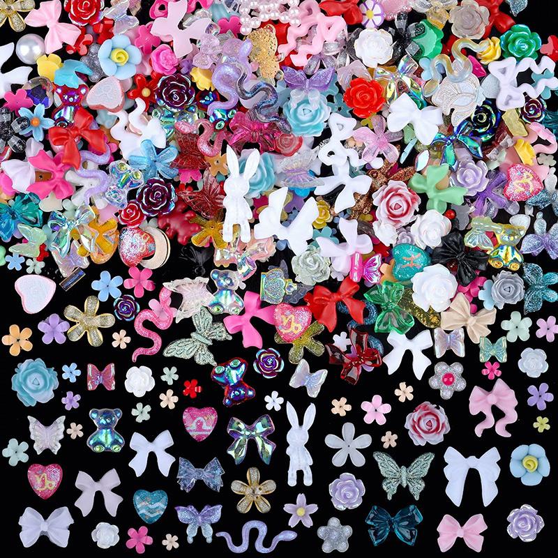 WTEMPO 200 Pieces 3D Mix Assorted Resin Nail Charms Hollow Pearl Heart Nail Art Charms Gems Gummy Bear Star Heart Flowers Acrylic Beads