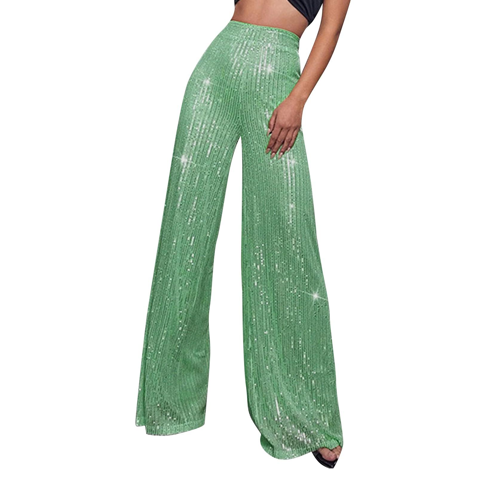 

Women s Fashion Color High Waist Sequin Side Zipper Draped Wide Leg Pants S