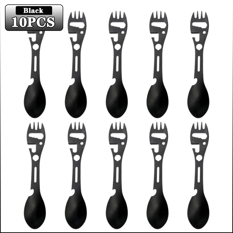 1-20PCS 5 In 1 Stainless Steel Fork Spoon Knife Can Opener Bottle Opener Wrench Multifunctional Gear Outdoor Camping Supplies