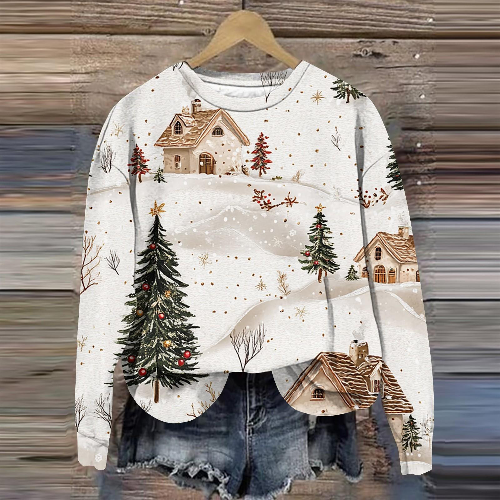 

Жіночий модний пуловер з круглим вирізом і довгим рукавом, футболка з різдвяним принтом XL білий