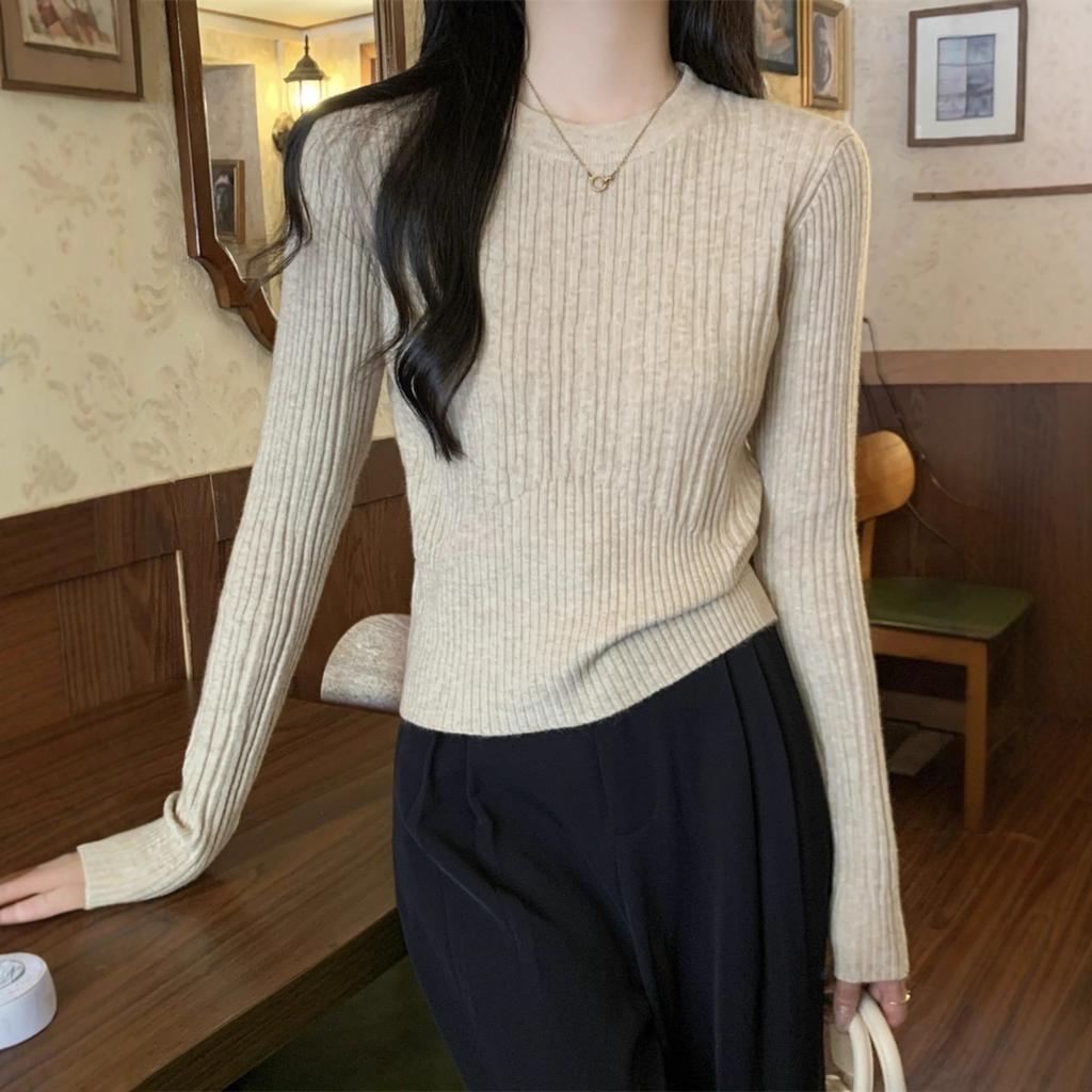 Crew neck waist with cashmere knitted sweater women's autumn women's slim-fit short pullover bottoming shirt top