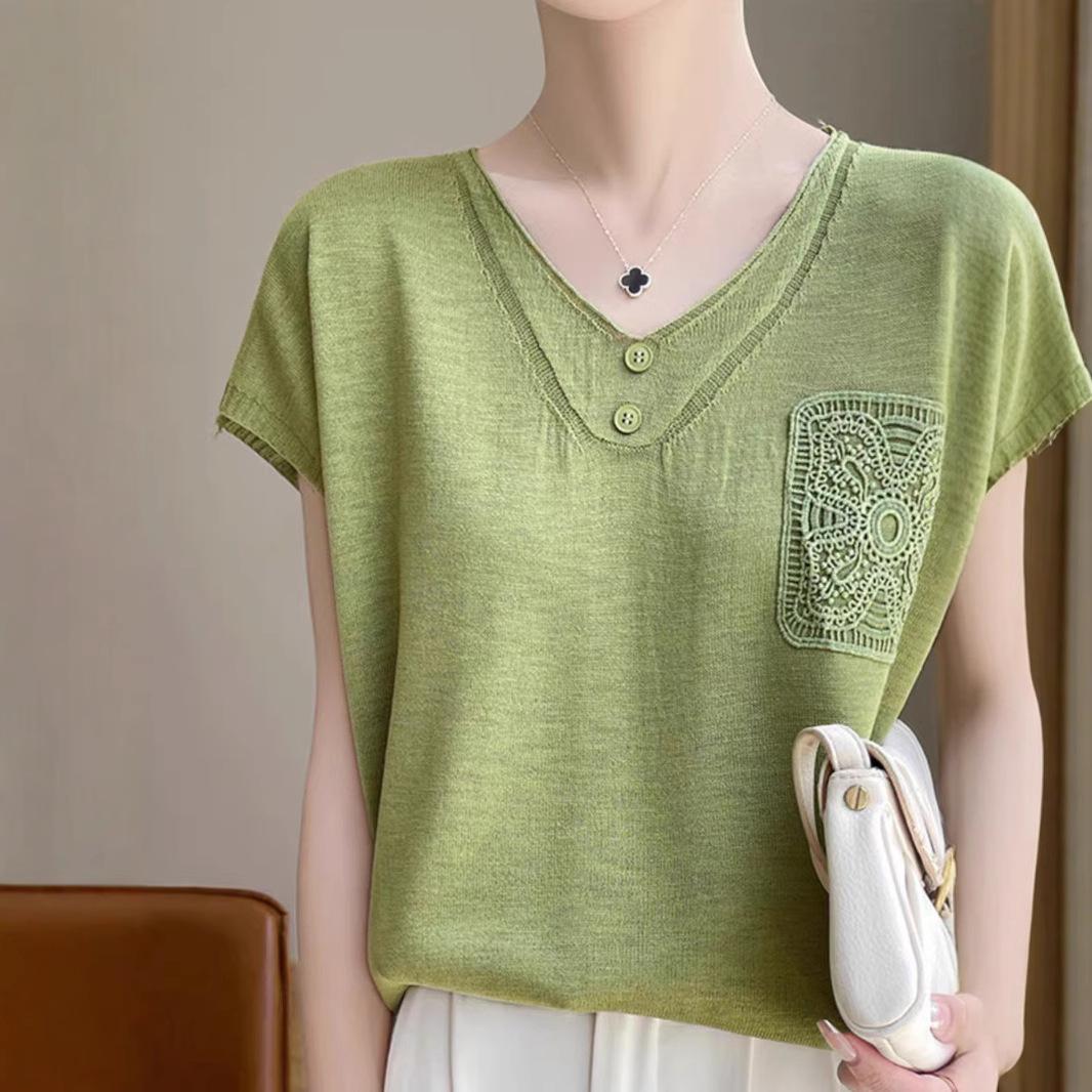 

Летняя футболка из ледяного шелка, кружевной топ, летняя трикотажная футболка с коротким рукавом из ледяного шелка для женщин 3XL желто-зеленый