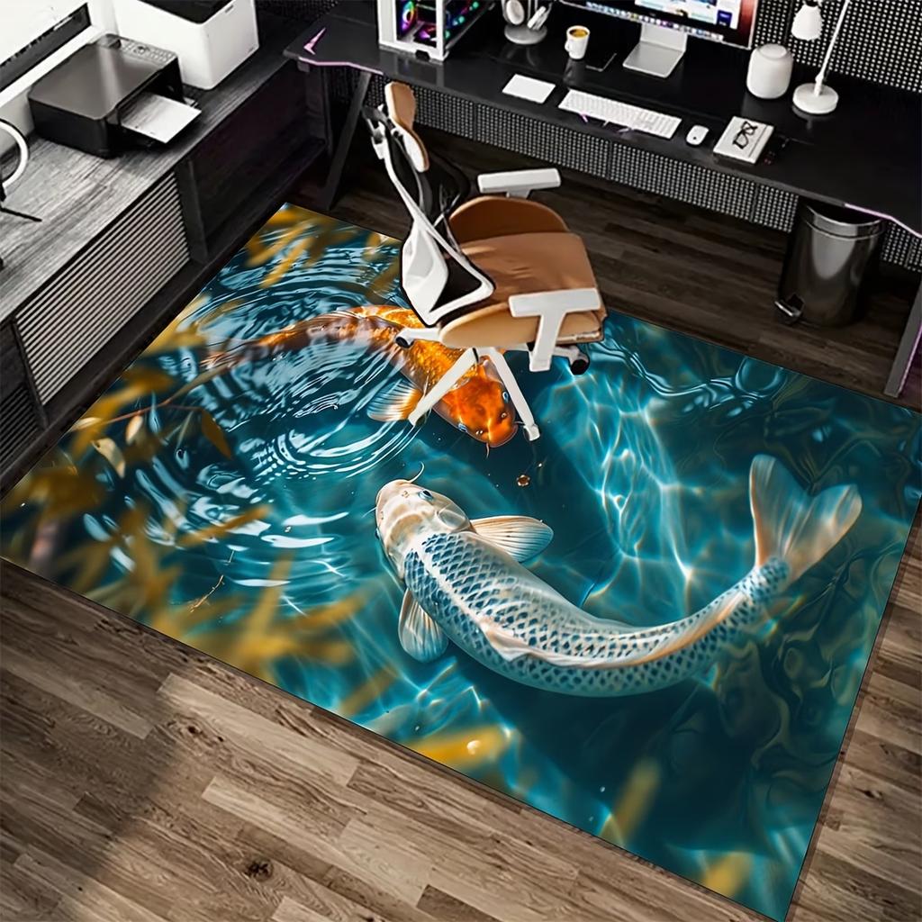 2D Koi Fish Pond Area Rug for Bedroom Living Room Office Non Slip Washable Floor Mat Home Decorative Soft Carpet for Indoor Use