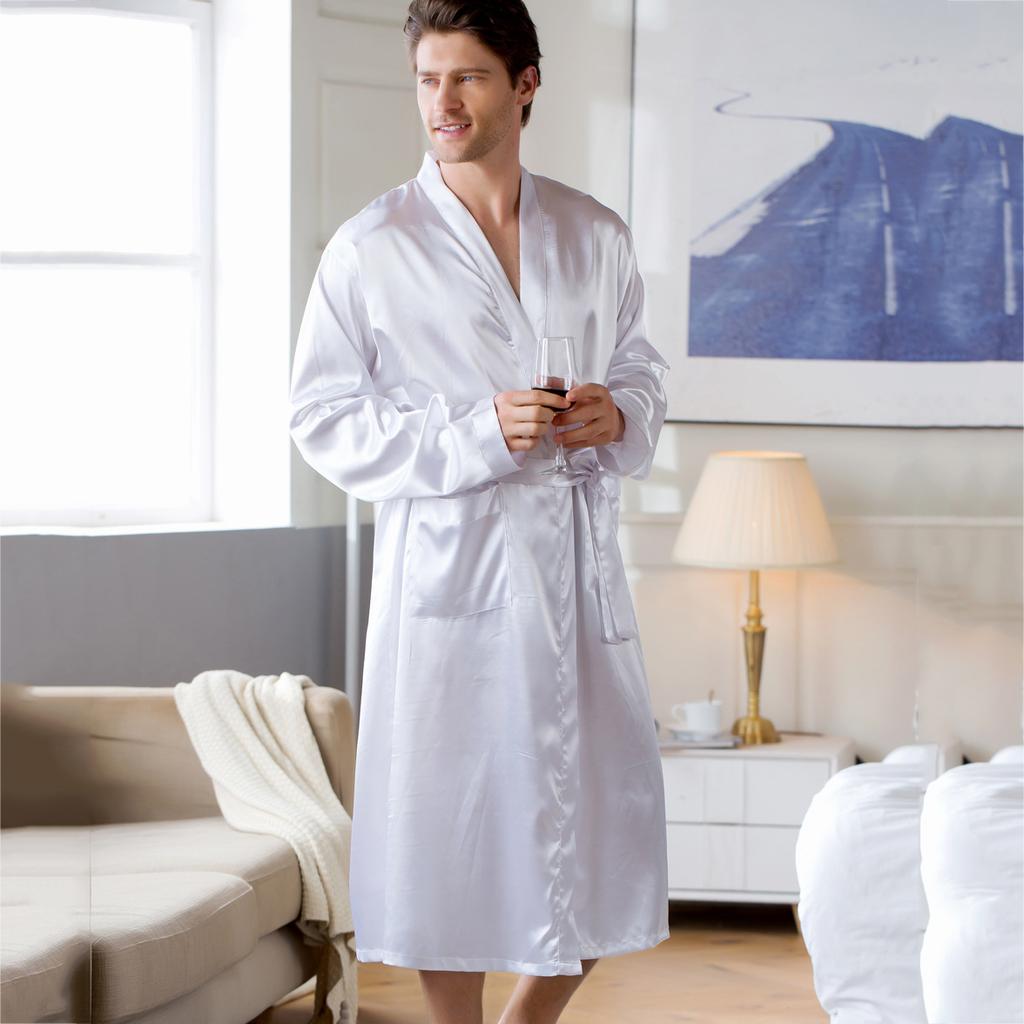 Ropa de dormir para hombre de talla grande Kimono Bata de baño Bata Gris Manga Larga Cuello en V Ropa de noche con Cinturón Bolsillo Primavera Verano Ropa para el hogar para hombre