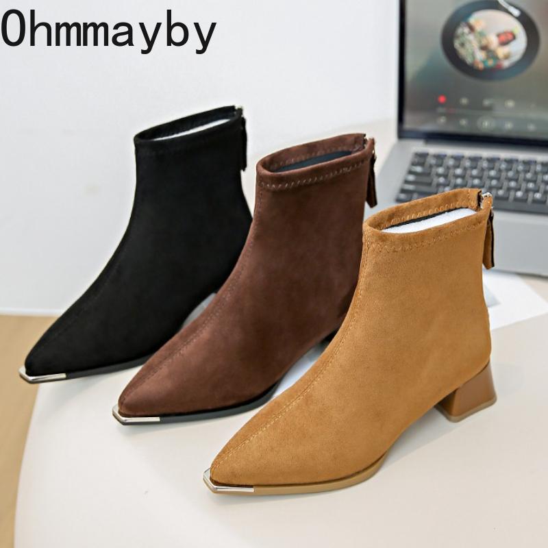 Autumn Winter Design Women Ankle Boots Sexy Thick High Heels Metal Pointed Toe Shoes Modern Short Botas Para Mujer