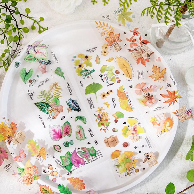 1pack/6pcs Green Plant & Leaf Theme Flat Stickers, DIY Handmade Album Scrapbooking Decorative Paper Supplies