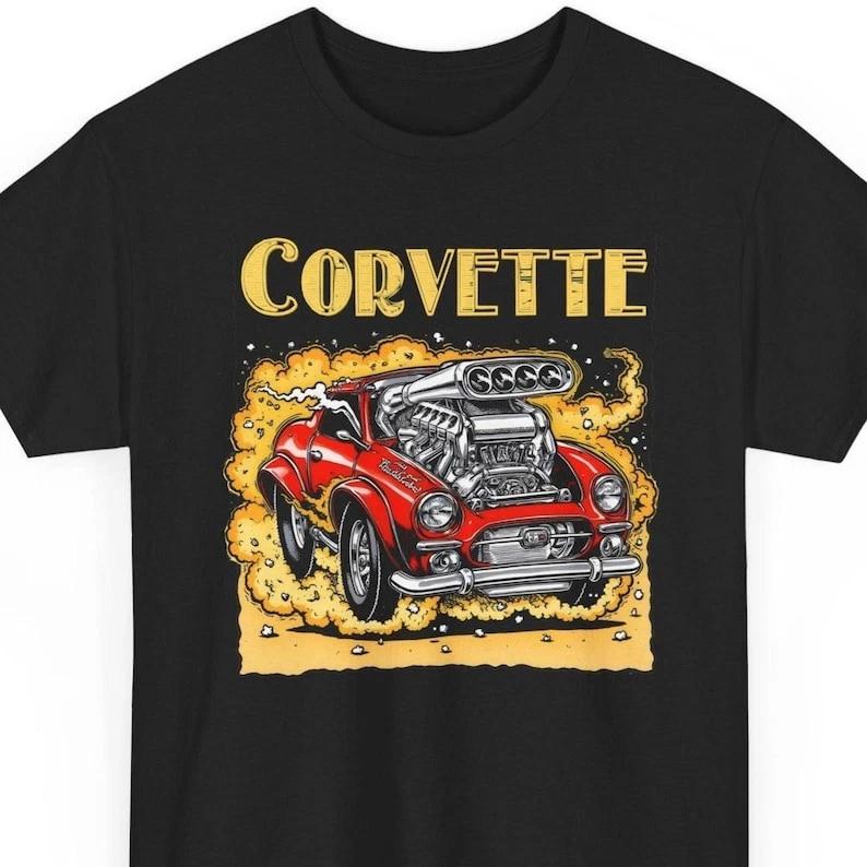 Corvette Hot Rod Illustration Tee | Vintage Muscle Car Graphic T-Shirt M
