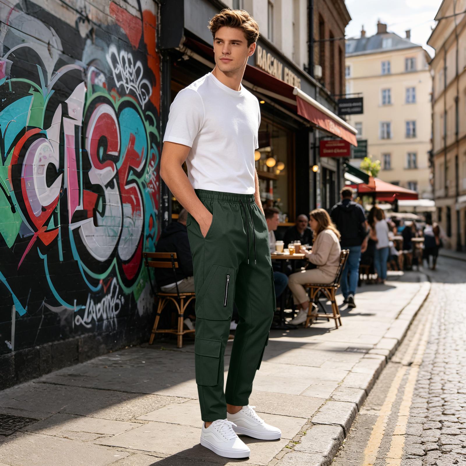 Men s Casual Loose Fit Multi Pocket Cargo Pants Elastic Waistband Drawstring Adjustable Leg Openings Durable Fabric XXL