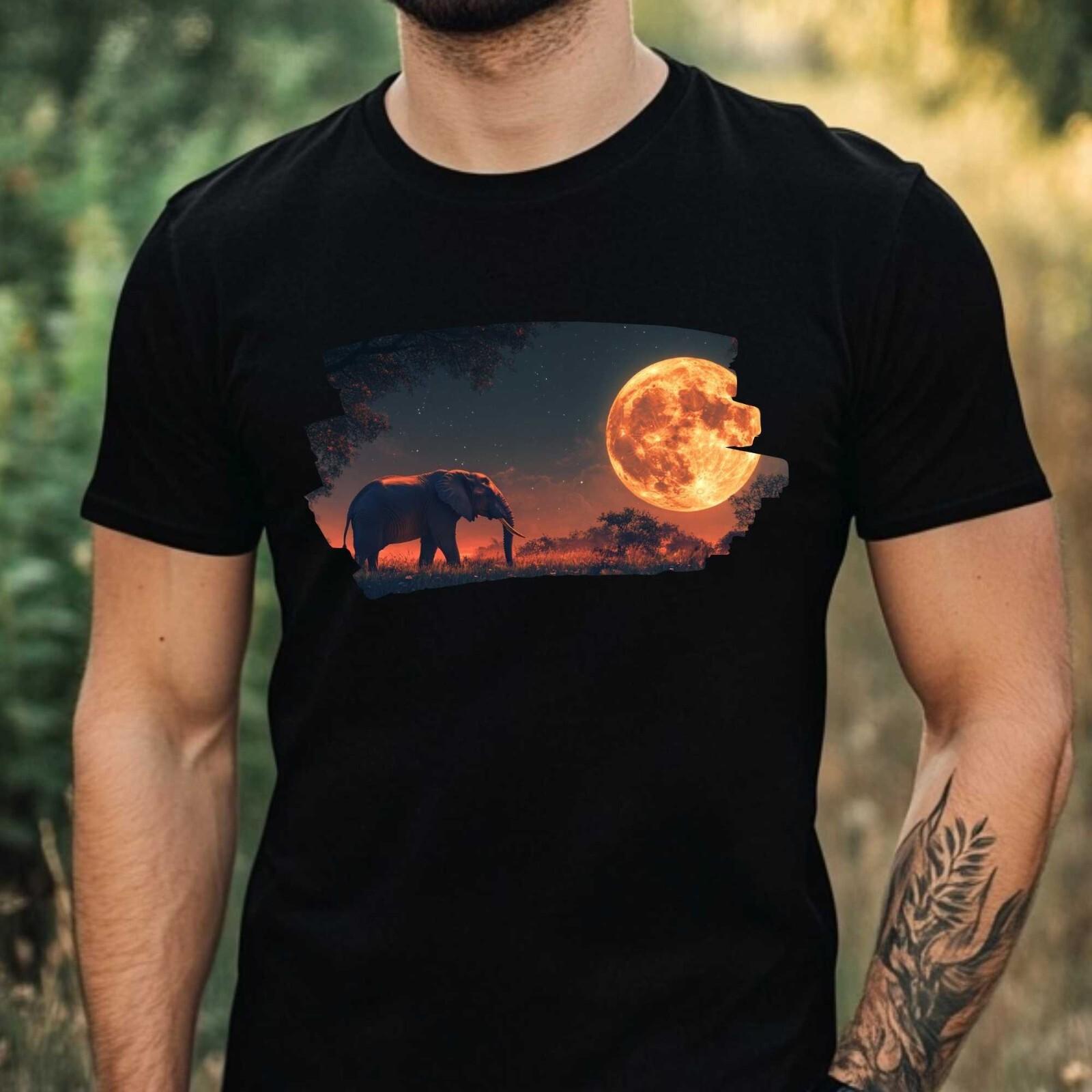 Mens Elephant and Full Moon Motif Cotton T-Shirt Size XS to 5XL- XXXXL