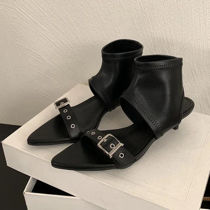 

Fashion Fashion Pointed Toe Metal Buckle Brand Modern Boots Women Sexy Open Toe Kitten Heel Design Summer Boots Elegant Women Ankle Boot 39 чёрный