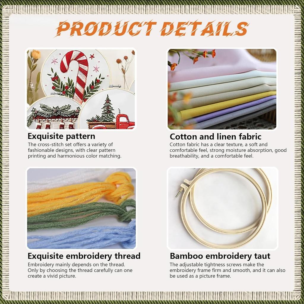 4 Sets Christmas Embroidery Kit for Beginners Cross Stitch Kits Needlepoint Kits for Adults with Pattern Needles Threads Tools