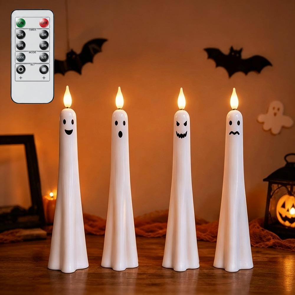 4 Pack Ghost Shaped Candles Remote Control White Color Flameless Taper Candles Plastic Material Timer Function Spooky Candles