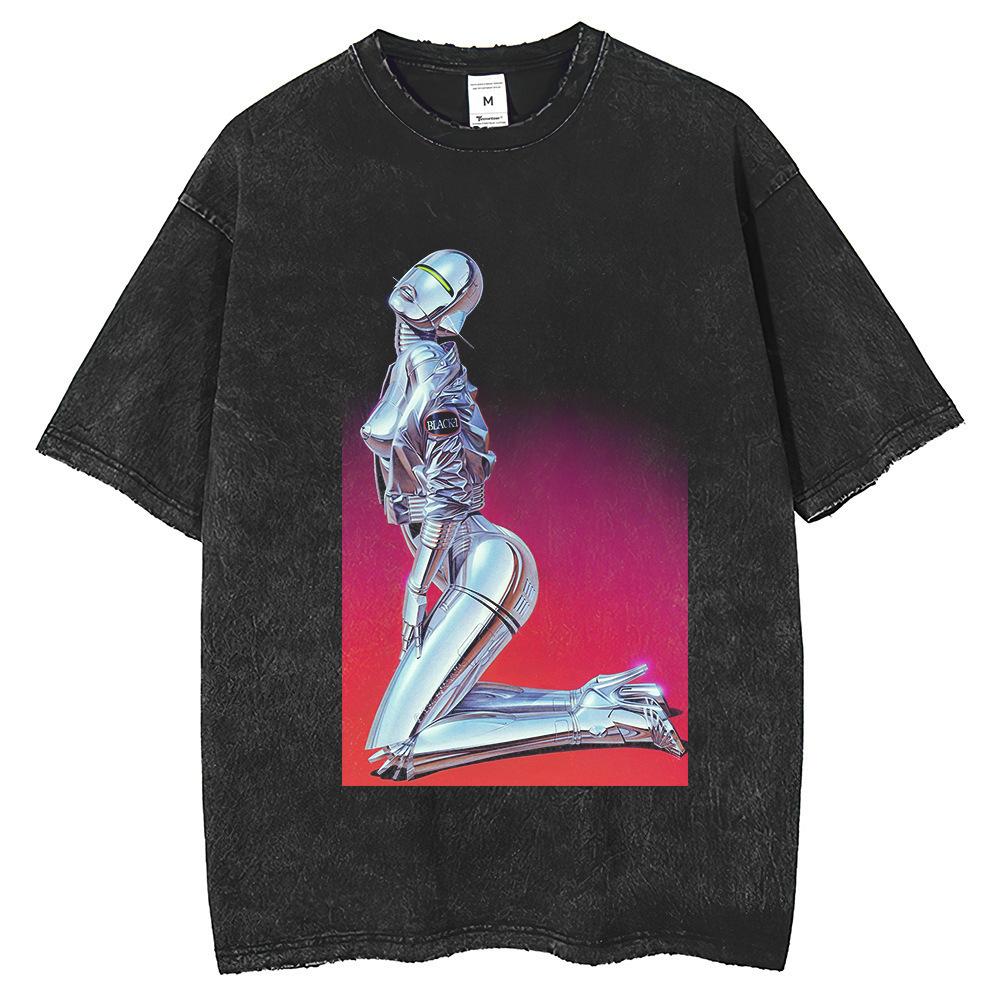 23 Summer Female Robot Printed T-Shirt Washed Retro Retro Men S High Street Trendy Brand S