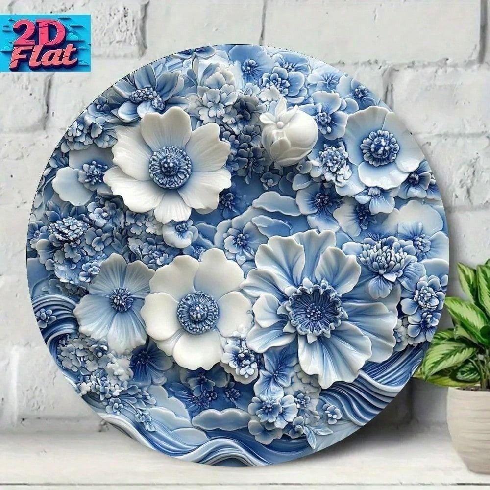 Blue White Art Deco Floral Metal Wall Art Luxury Tin Sign Living Room Decor