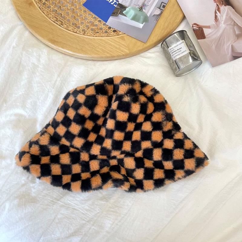 Plaid Fashion Checkerboard Plush Fishermans Hat Female Autumn And Winter Warmth