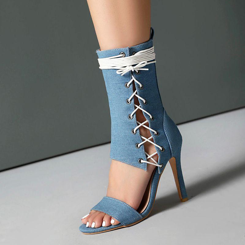 New Design Female Sandals Zipper Lace Up Stiletto 10.5cm Peep Toe Large Size 45 46 47 48 Fashion Dating Party Shoes