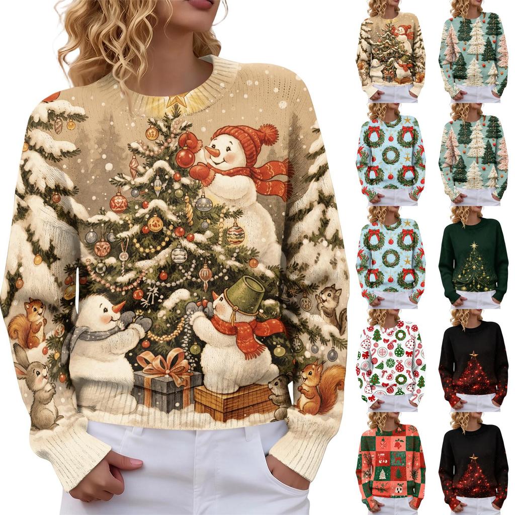 Women's Christmas Print Neck Long Sleeve Sweater Soft Casual Top for Fall Winter Holiday