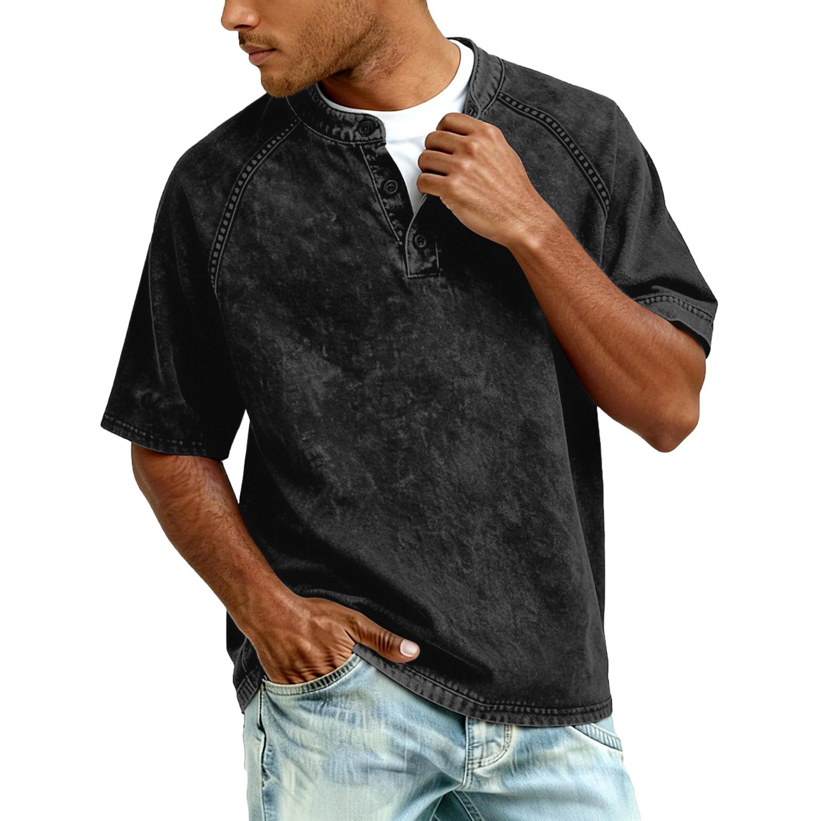 

Men s Button-down Short-sleeved Fitted Distressed Washed -neck Casual Shirt XXXL чорний