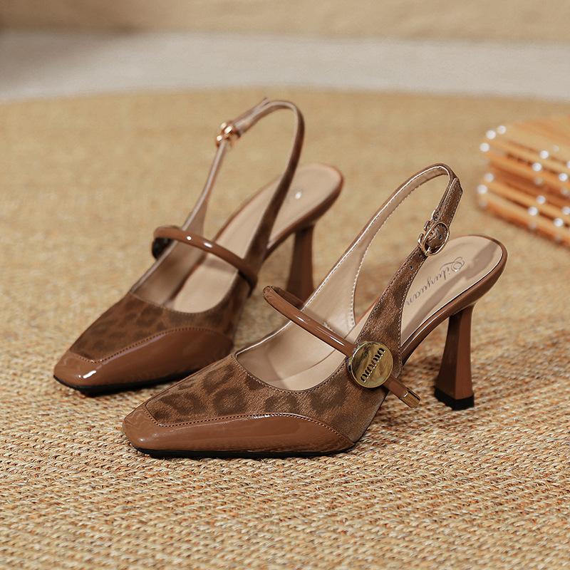 Baotou back empty sandals women's Mary Jane brown leopard print high heels stiletto square head word with single shoes