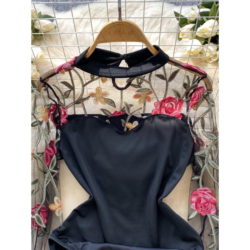 Fashion Ins Sexy Long Sleeve Mesh Embroider Stitching Jumpsuit Female Silm Slim Looking Pure Desire Sexy Base Tops